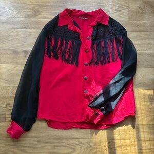Red and Black Fringe Button-Up Shirt